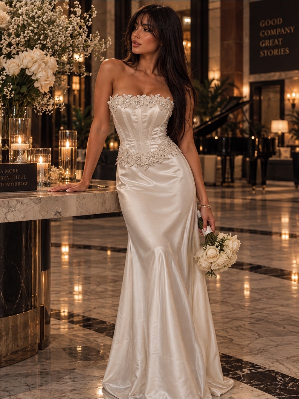 Eureka Vintage Satin Strapless Wedding Dress Lace-Up Back Floral Appliqué Medium